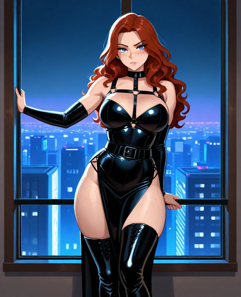 Irish girl in a black lingerie and high stockings, top-quality, anime realisitic, ultra-detailliert, Versatile sexy poses、long dark red hair, dark blue-eyed, slender, dynamic light and shadow, hight resolution, sharp focus, depth of fields, glow pupils. beautiful and sexy body, slender body, perfect body, in a very tight and very cute lingerie, cowboy shot, a room scene