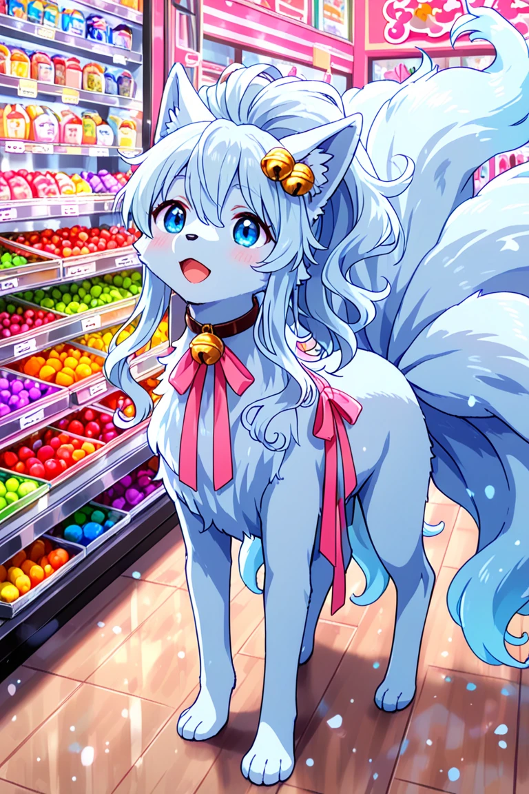 sfw, by claweddrip, by ressue, by pudgeruffian, by fleet-foot, by thericegoat, best quality, masterpiece, Animal crossing, (Whitney), solo, female, wolf, wolf tail, (wolf ears), light blue hair, long straight hair, (light blue fur), light blue eyes, bright eyes, medium breast, (sundress), flower pattern, frills, market scenery