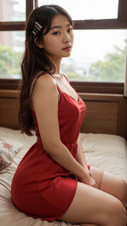 A beautiful Indonesian woman with a cute face, fair skin, and long black flowing hair, wearing a red nightgown, is in a bedroom with a morning atmosphere.