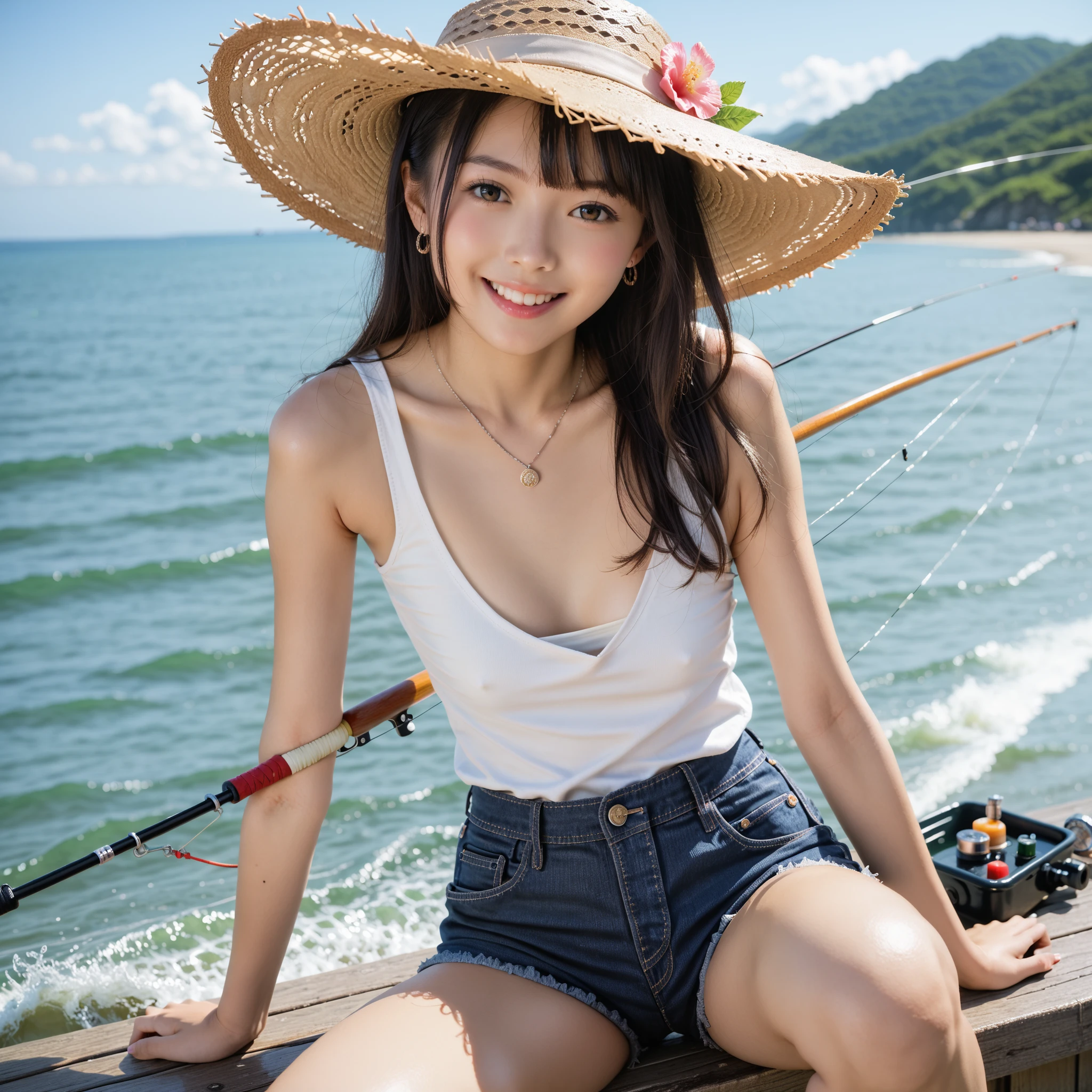 Japanese female, a lot of details, (underweight), 30 years old, detailed black hair, beautiful detailed hair, super fucking beautiful, delicate beautiful face, complex details beautiful and delicate eyes, perfect hands, (flat chest best quality:1.5), perfect and delicate limbs, detailed skin, best quality, ultra-detailed,(cheerful grin:1.5),
lake, (motor boat:1.3), cheerful, standing, wave hair, drop shoulder tee, shorts, cap, holding fishing rod, (black bass fishing:1.2),japanese, on the ship, with a mountain, (full body shot:1.1), low angle shot