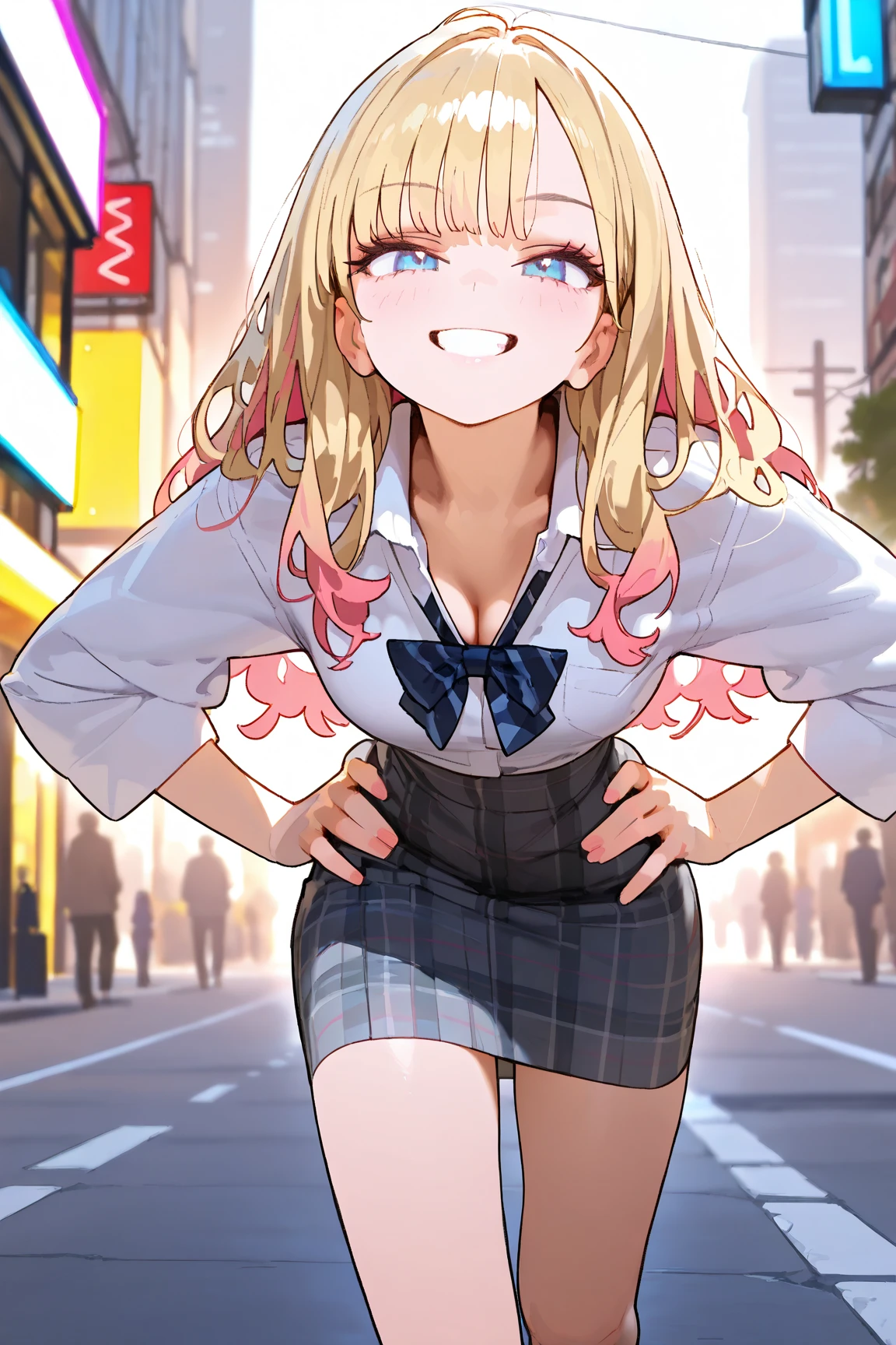 zPDXL2, 1girl, solo, long hair, pink eyes, blonde hair, one side up, skirt, shirt, hair ornament, thighhighs, , jacket, white shirt, pleated skirt, necktie, hairclip, collared shirt, black thighhighs, black jacket, plaid, red skirt, blazer, double v, plaid necktie, looking at viewer, outdoors,