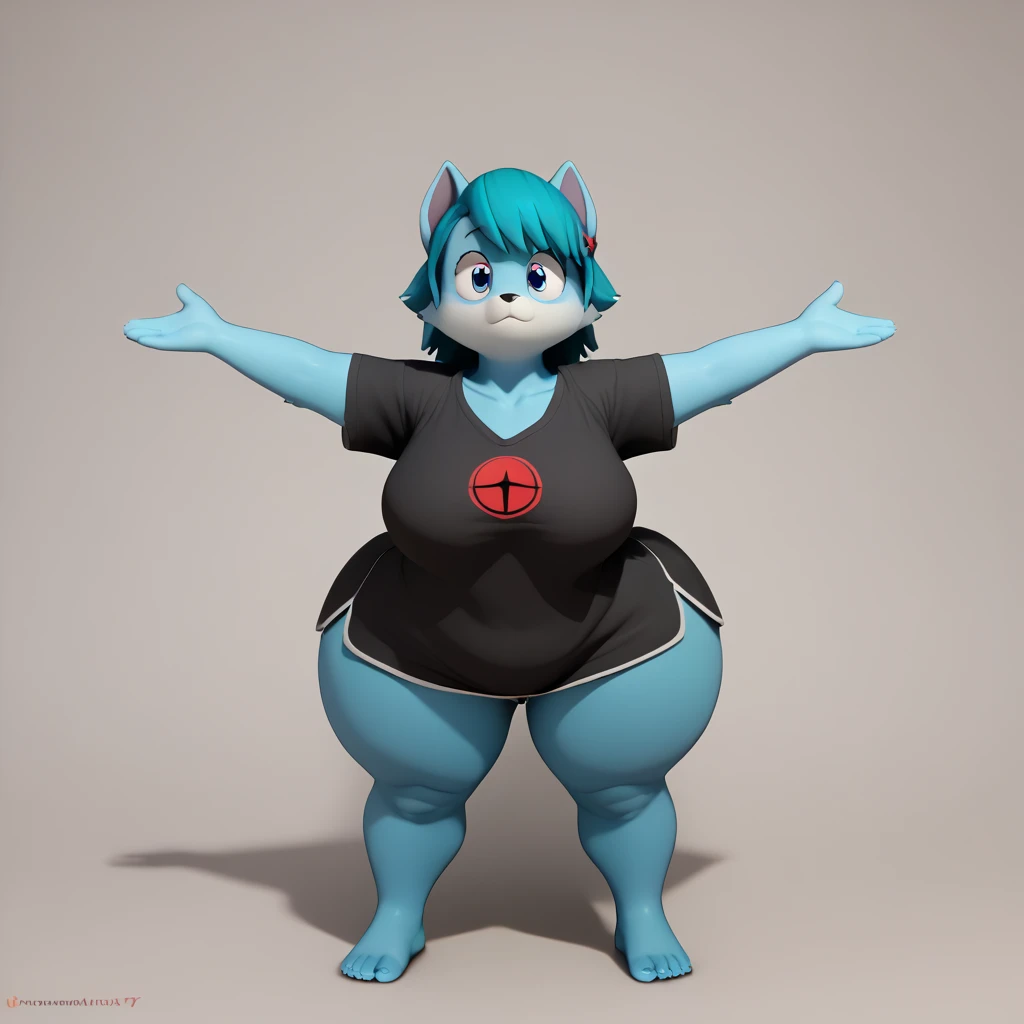 (masterpiece), ((perfect anatomy)), (high Res), (4k), wolf, huge breast, big belly, chubby, yellow eyes, wide hips, (robot), (animatronic), happy, ((red top)), ((red shorts)), long hair, (cute artstyle), (((solo))), ((1girl)), weight gain