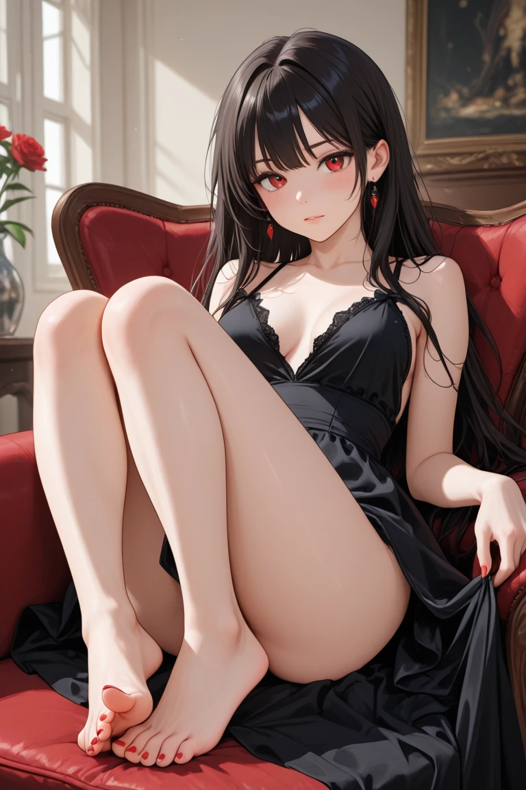 photorealisim、top-quality、超A high resolution、a picture、Extraordinary beautiful girl、Highlights of cheek luster、Detailed cute and beautiful face、(pureerosface_v1:0.008)、Beautiful bangs、Glowing white shiny skin、Bangs between the eyes、shiny and beautiful hair、Silky hair、finer hair、High-definition eyes、Beautiful, Bright and clear, Small eyes、eye liner、Double eyelids、Full body like、red blush、embarrassed from、shiny little necklace and earrings, shiny lips: 1.4, (Shy laughter)、Kamimei、red blush、Tears are embarrassing、(Red dress), ((Blue lace panties))、((Open knees))、((open one's legs))、((Disheveled clothes))、((Dressing))、Puffy nipple、Neat and clean female 20-year-old female teacher、black hair, bangs flowing diagonally, Medium Wave Long Hair, purple eyes, medium breast size, (sit on red sofa)