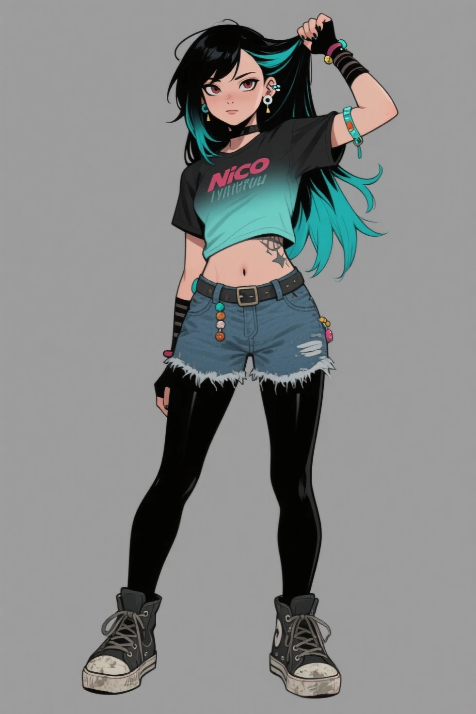 score_9, score_8_up, score_7_up, score_6_up, score_5_up, score_4_up, BREAK source_anime, 1girl, LONG black and green hair, goth makeup, peircings, emo, Creative design, full body, Reference sheet, Character sheet