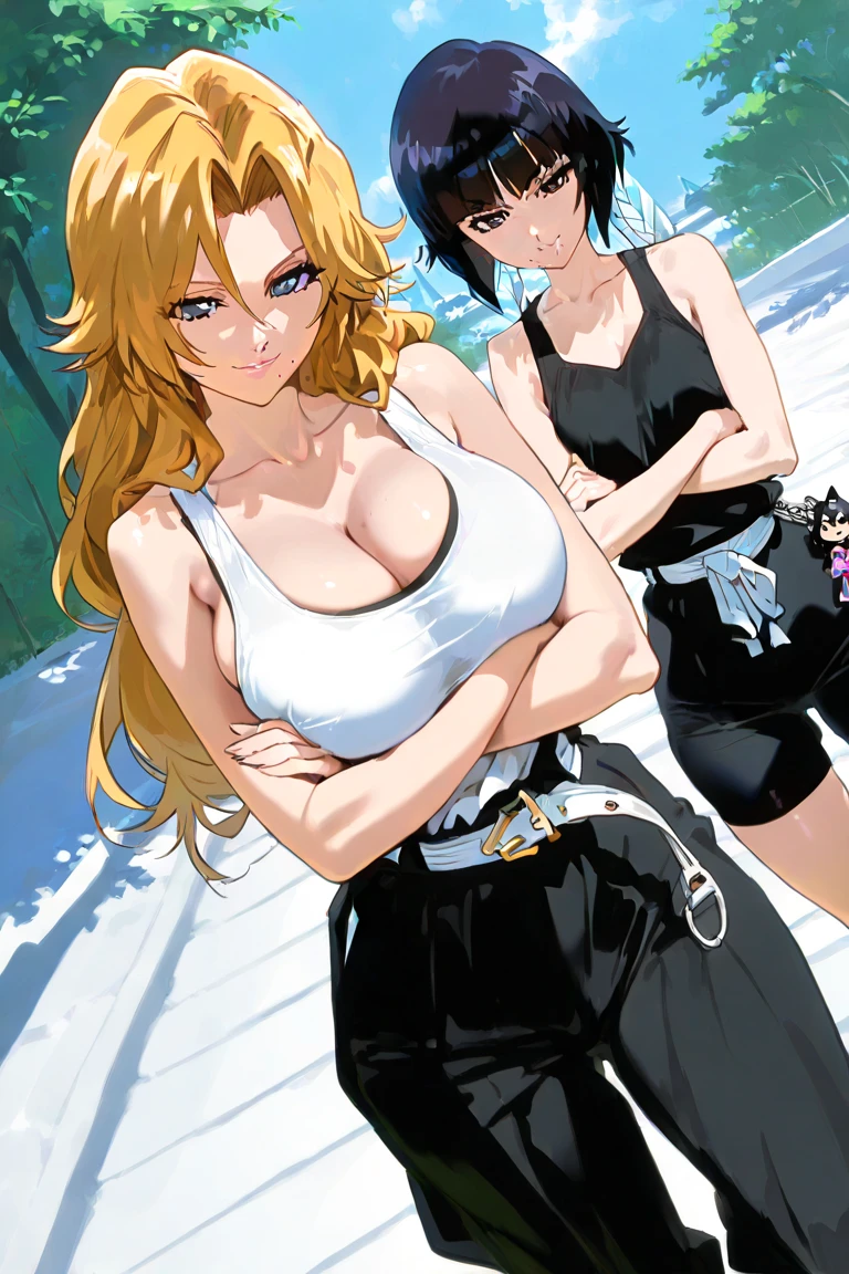 brown_eyes, blonde_hair, medium_hair, large_breasts, hair_bun, double_bun, neck_bell, animal_print, cow_print, bikini_top_only, choker, asymmetrical_clothes, fingerless_gloves, single_pantsleg, cleavage, black_pants, cow_sleeves, asymmetrical_legwear