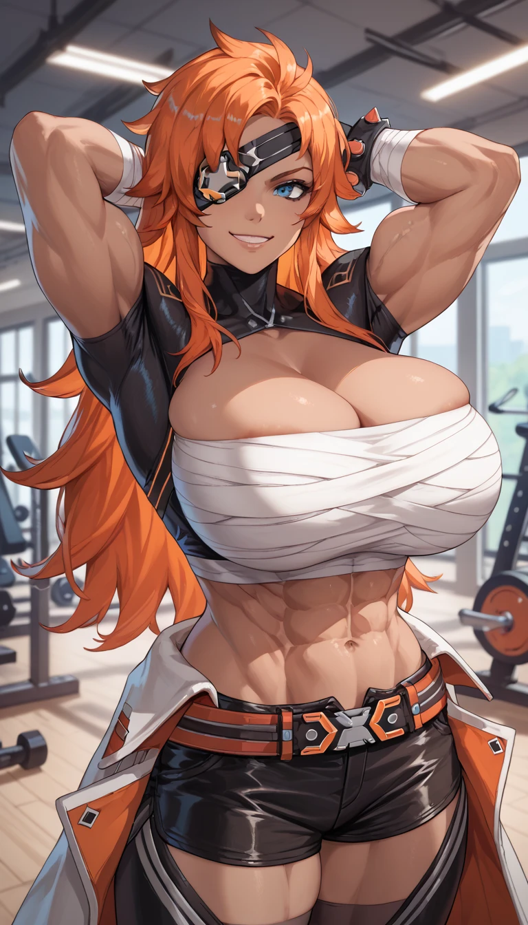 1girl, solo, looking at viewer, orange hair, blonde hair, hair between eyes, bangs, brown eyes, breasts, large breasts, animal ears, collar, black hairband, hairband, tail, dog tail, green pants, dog ears, cleavage, floppy ears, black collar, dog girl, bare shoulders, detached sleeves, anime coloring