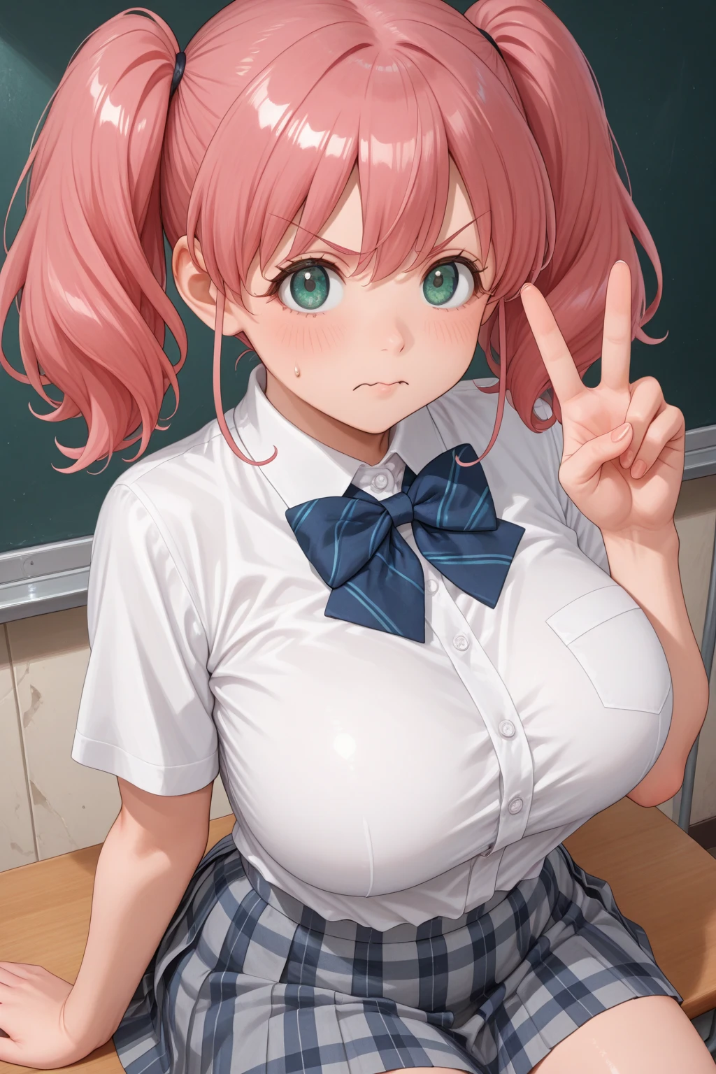 highest quality,wonderful,finely,extremely detailed CG unity 8k wallpaper,1 girl,priest(dq3), big breasts,(school uniform:1.4),(Black Band Top:1.3), bare shoulders, clavicle, (underboob:1.6), cleavage, huge breasts,pink hair, green eyes,twin tails, highest quality,Super detailed,unity 8k wallpaper,game CG,