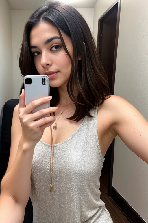 Beautiful brunette woman taking realistic selfie