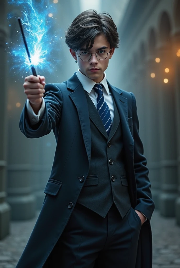A boy wearing harry potter theme suit and has magical wand and middle of suit Name "Vilochana"