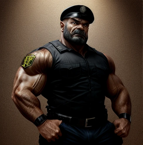 African American chav, 20 years old, short hair, stud, hairy, hairyalpha, BeardAlpha, wearing a policeman uniform, wearing a policeman cap, tight uniform, open shirt, wearing a pectoral harness, oversized pectorals, heavy pectorals, erection, erection under clothes, intimidating, smirking, nipple rings, angry, threatening, prison background