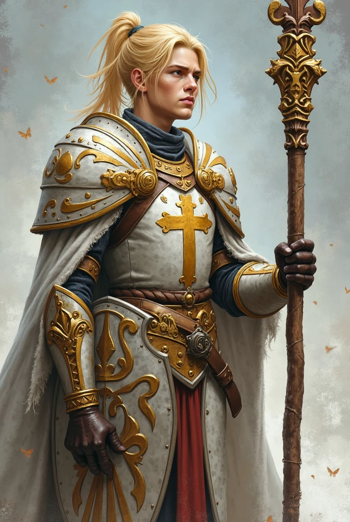Young RPG cleric with light armor , a small hammer, a staff with halos and a gray background