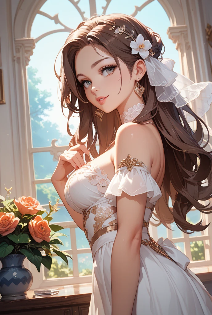 (A masterpie, bestquality, Highest grade, Official Art, aesthetic:1.2), (1girl:1.3), Straight long hair, brown Hair, Very fine, portrait, Watching the viewer, Seul, (fulllllbody:0.6), detailed background, crose up, Luminous eyes, Beautiful purple eyes, Pale pink lips, soft lips, (Cold Arctic Winter theme:1. 1), wedding dress, bride, Beautiful smile, Mysterious, sitting in chair, White romantic long dress,Colorful bouquets of flowers, Jewelry curtain on background, Dark mystical lighting, shadows, Petals flutter, Starry Night, dutch angle