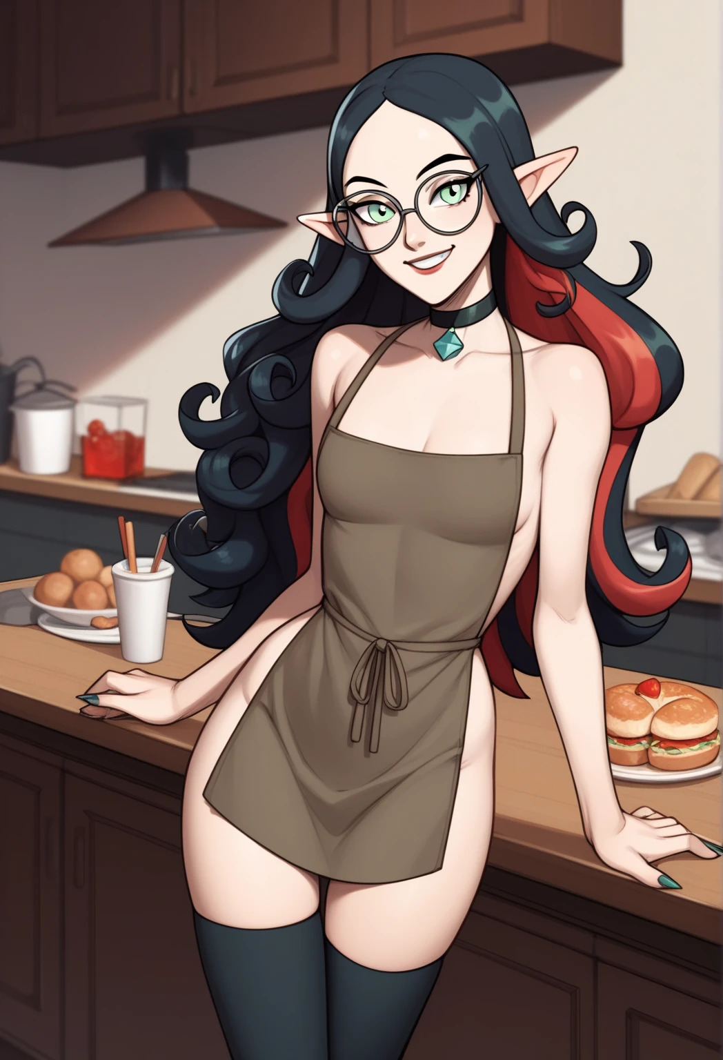 (masterpiece:1.2, best quality:1.2, beautiful, high quality, highres:1.1, aesthetic), detailed, extremely detailed, perfect eyes, perfect face, perfect lighting,
mature female,1girl, milf, solo, mature woman, elf , elf ears, (red eyes:1.4), (glasses:1.3), (red hair:1.5),short hair, (short braid:1.3), hair rings, lipstick, eyelashes, makeup,
black collar, medium breasts, curvy , voluptuous , bare shoulders, wide hips, naked ,apron,
looking at viewer  cowboy pose ,indoors , in kitchen , shelf, window,  <lora:milfication:0.7> , <lora:add_detail:0.4>, <lora:GoodHands-beta2:1> , <lora:naked_small_apron_v1.0:0.5>
