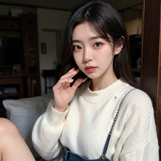 One girl wearing loose white sweater, sitting on chair , close-up