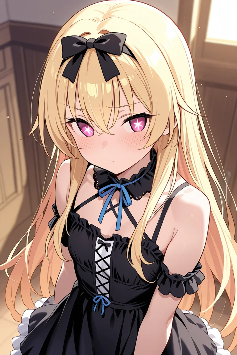 8K resolution, Delicate features, , solo、Beautiful woman, Unique Students, smile, blonde, Princess Cut, Ribbon hair ornament, brooch, Shiny Dress, Lolita Style, Gothic style, To the audience, 