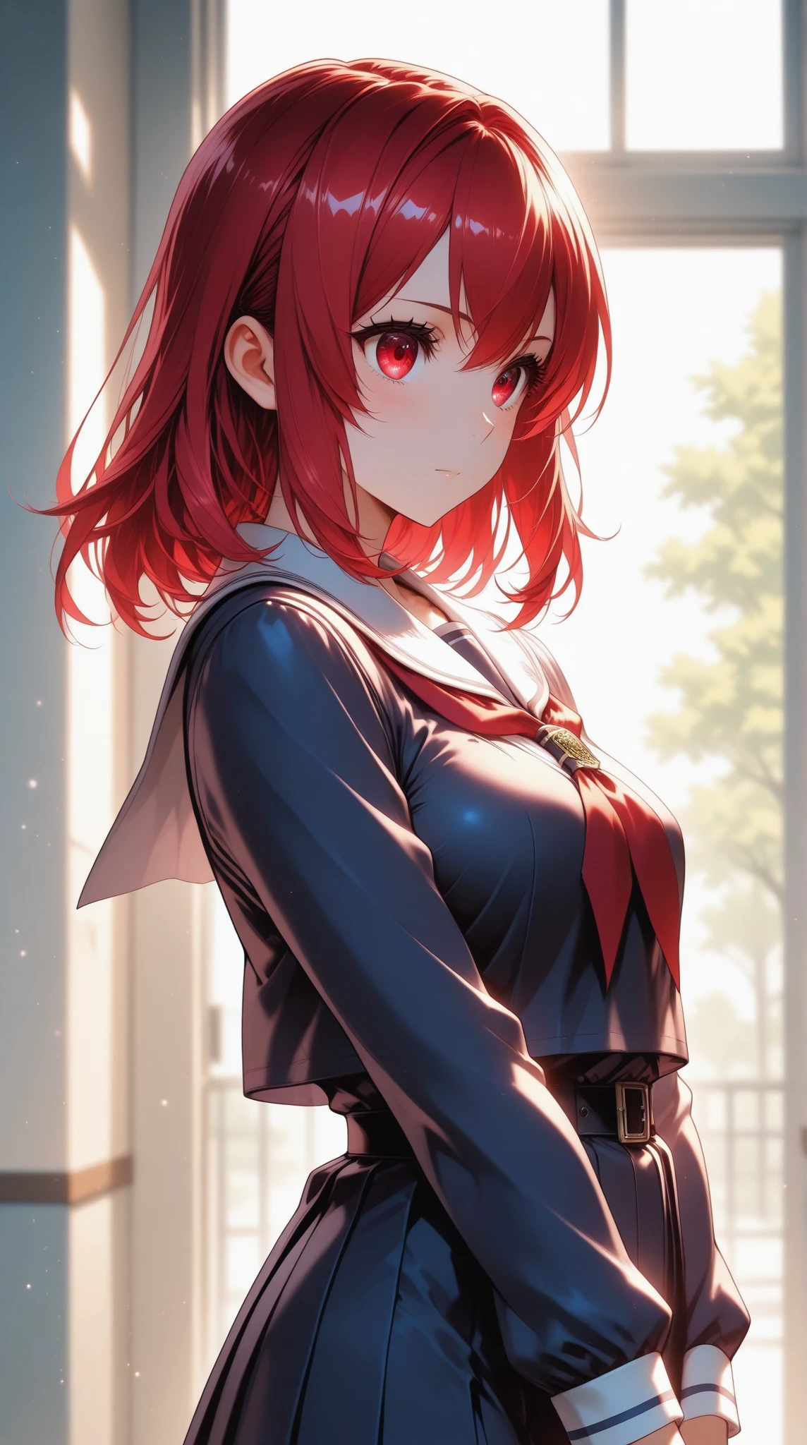 (masterpiece, highest quality, super detailed, best shadow), (detailed background,dark fantasy), (beautiful and detailed face), high contrast, (best illumination, very delicate and beautiful), ((cinematic light)), colorful, hyper detail, dramatic light, intricate details, (1 girl, alone,Red hair, short bob, sharp face,purple eyes, hair between eyes,dynamic angle, big breasts), Black light swirling around the character, Depth of the bounds written,black light particles,(Broken Grassical Circle, warrior, full body esbian, woman, cheerfulness, smile, look ahead,
