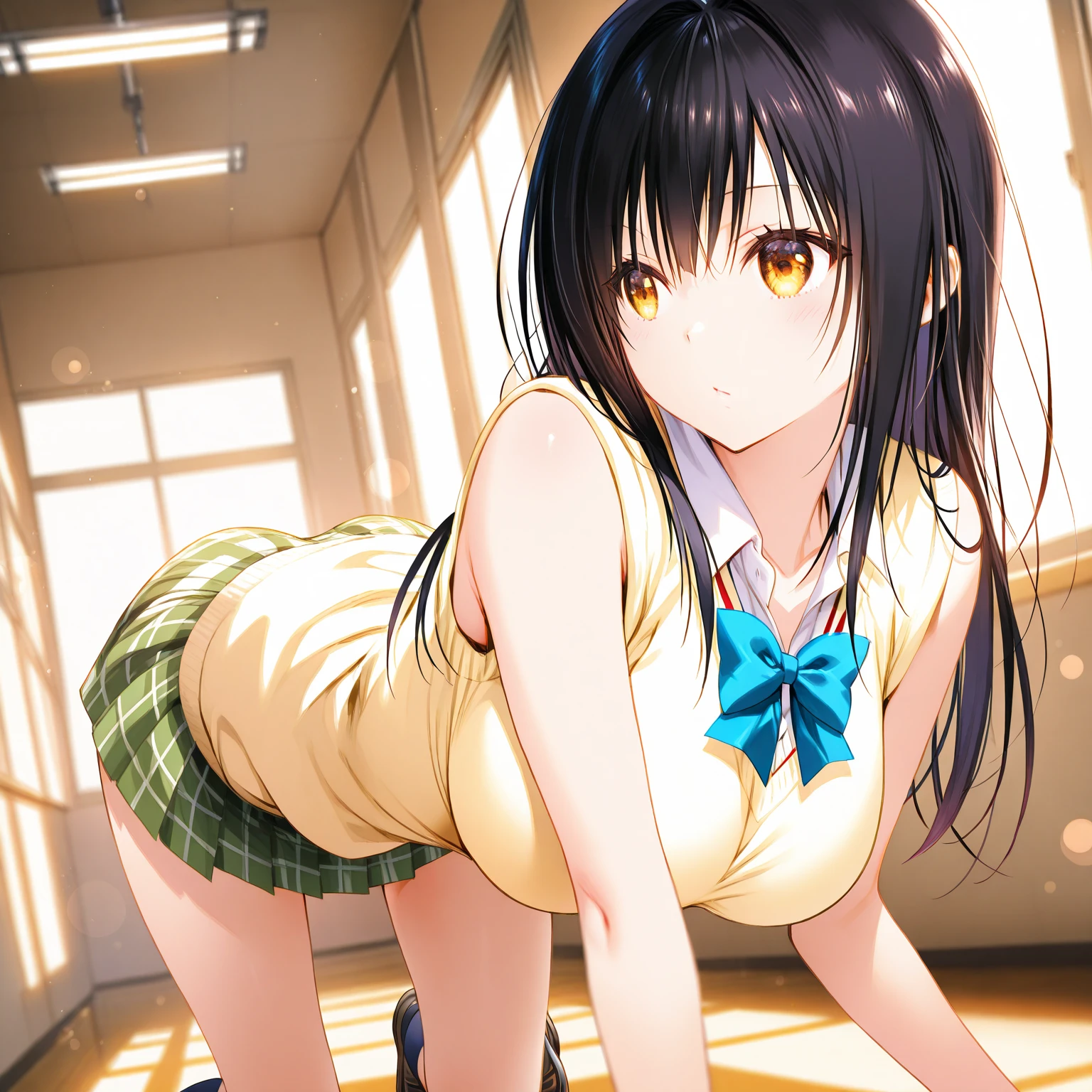 (ultra-highdetail, 8k quality, best quality, extremely detailed illustration, best quality anime illustration, best coloring), ((Yukina Himeragi, Strike The Blood, closed eyes, black hair, hair between eyes, long hair, short hair, solo), , from below, topless, cameltoe, no bra, nipple, gleaming skin, moist skin, embarrassed, open mouth,five fingers, looking up viewer, very short skirt, no panties, lift skirt, sleeping, in classroom, vagina,