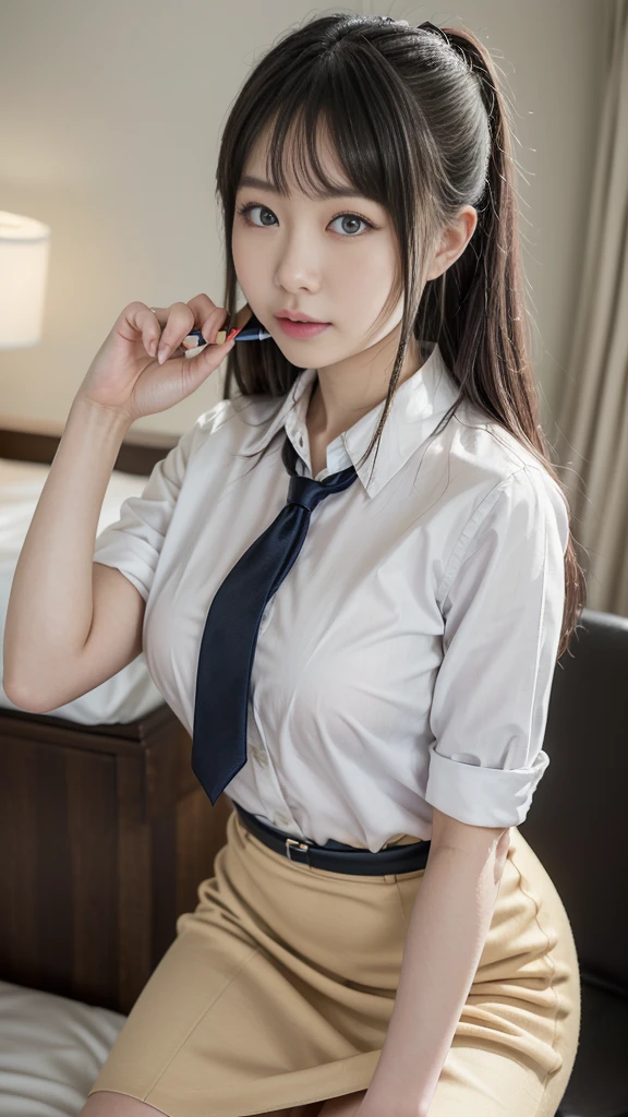 A girl standing with her hands on a desk