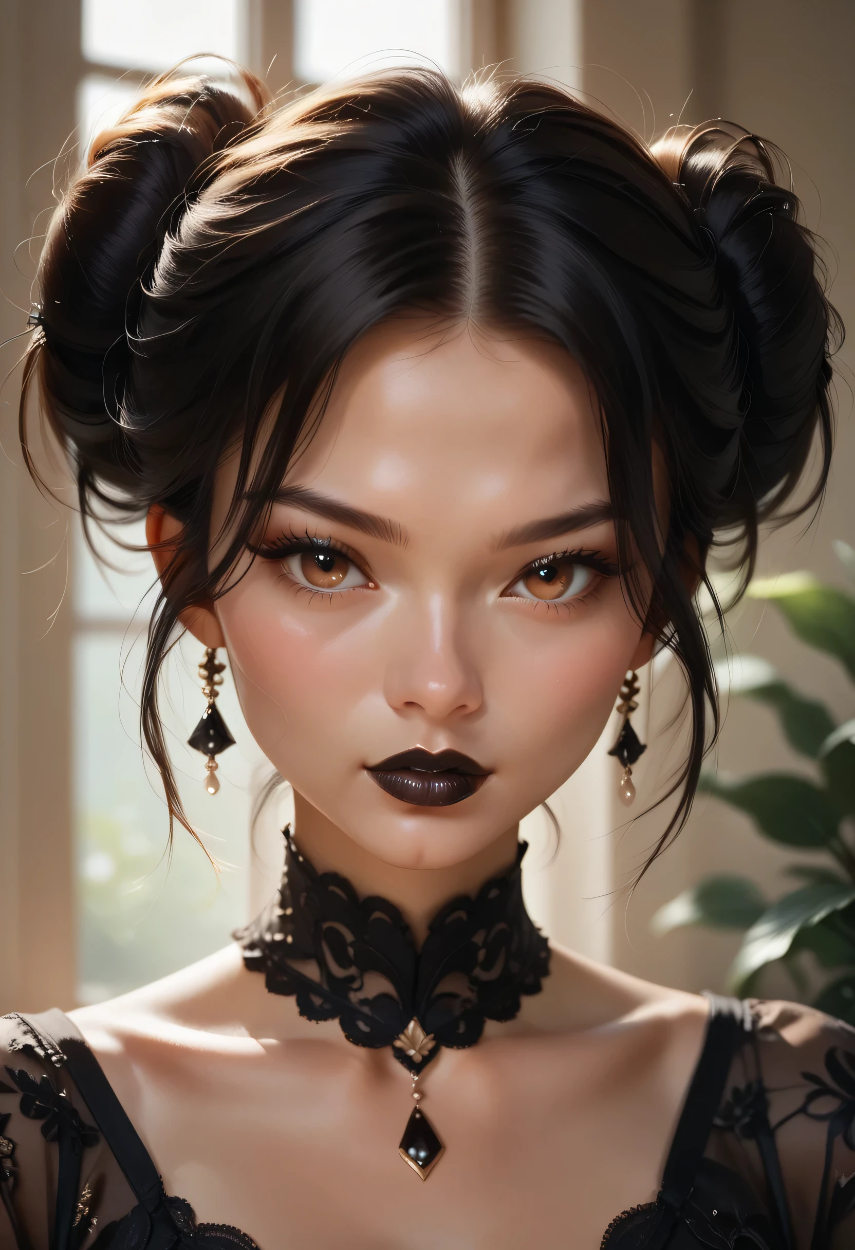 ((Perfect Face, Black Hair Bun, Brown Eyes, Black Thick Lips, Female Beautiful)), (Anime Girl, Illustration, Drawn, Portrait, Solo)