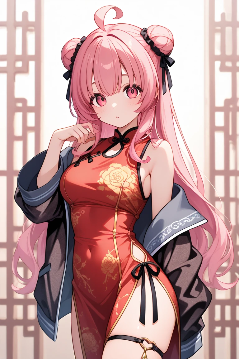 nsfw,((Masterpiece)),((high resolution)),((Best Quality)),Anime illustration,((1girl)),(wavy hair),(short hair),(pale pink hair color),small ponytail,Red eyes,(Big round eyes),((tareme)),,((loli face)),ry big breasts)),Short stature,,,china dress,blush,I'm very embarrassed,arms up behind,