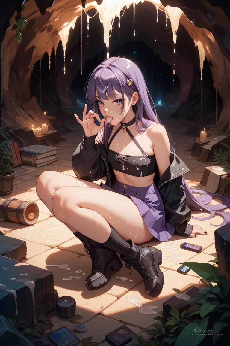 1girl, young, tattered robe, green eyes, no shoes, chain around neck, masterpiece, short purple hair,