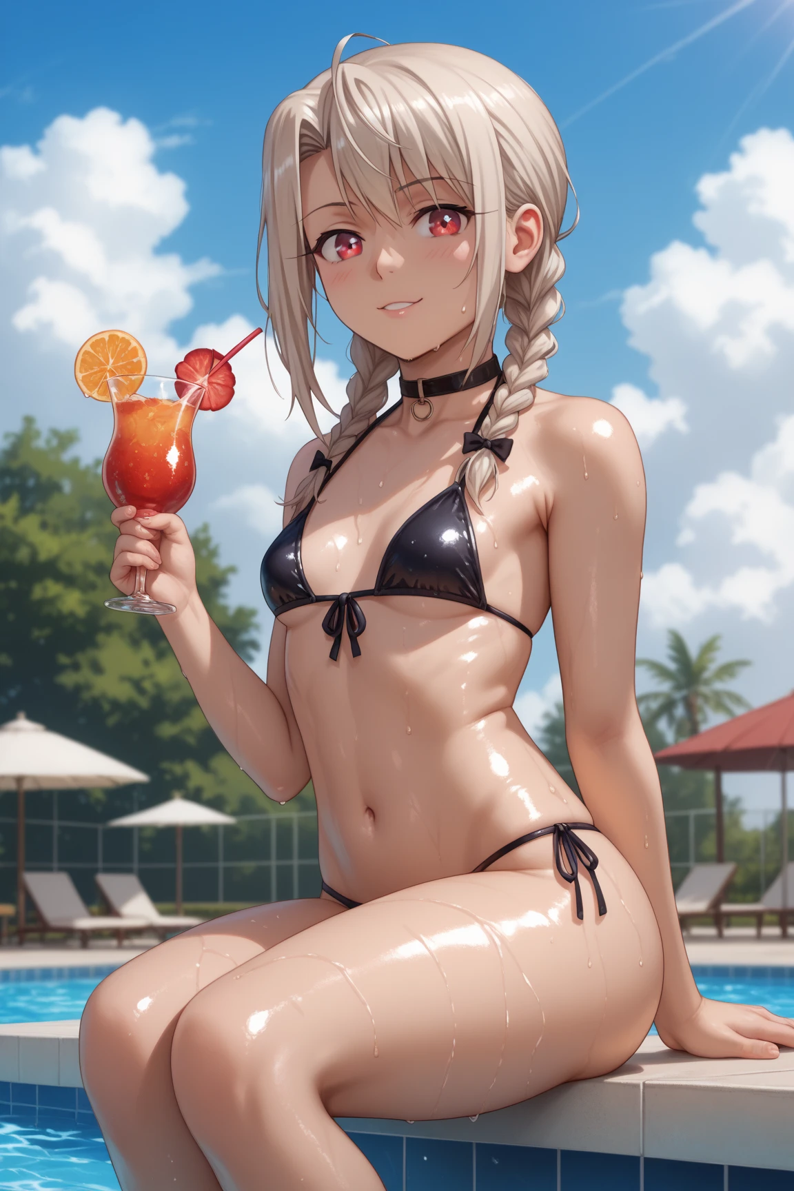 1girl,solo,blonde hairs,low ponytail, red eyes,black skin ,maid bikini,maid skirt, tray in hand,poolside,beach chair,standing,pointy ears,hand on hip,cowboy shoot,
