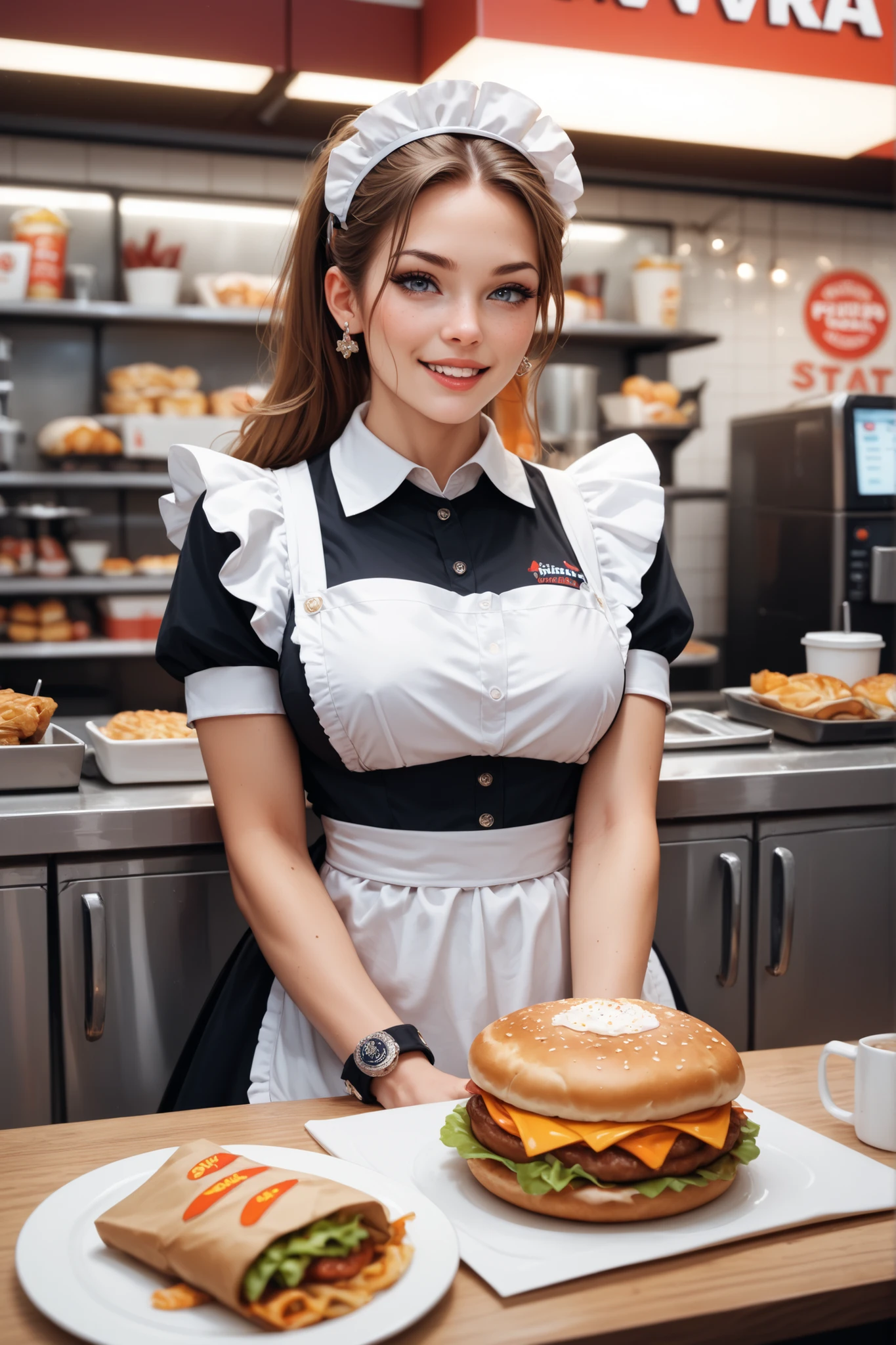 Maid working behind a fast food counter