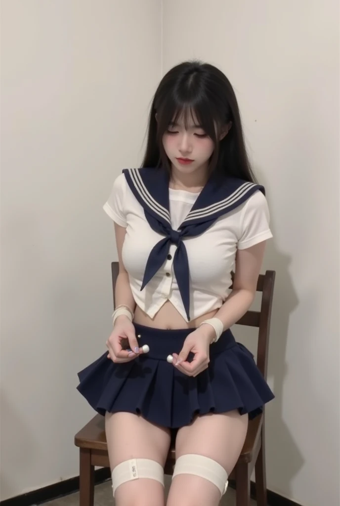 play sports often, long hair、(sailor suit:1.4)、(Navel exposed:1.2)、(barefoot:1.1)、(muscle abs:1.1)、No panties, (Cyberpunk settings: 1.2), compensate,, (1 girl: 1.4), highest quality, masterpiece, (reality: 1.2), young woman, lady, detailed face, fine eyes,(black hair)、fine hair, fine skin, looking at the viewer, dramatic, vibrant, sharp focus, 50mm, f1.2, EOS R8, (3/4 body: 1.2), (Inside the train in the background: 1.6), (highest qualityの詳細: 1.2), 8K HD,(spread legs:1.4)