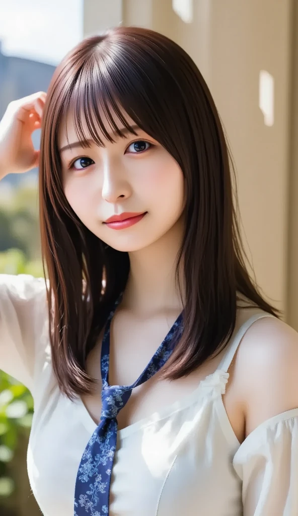Top quality, realistic, perfect human body structure, very detailed, very delicate and beautiful, RAW photography, beach, professional lighting, luminescence, depth of field, single focal, full body, Skinny Japanese lady, 30 year old lady, brown hair, small head, beautiful eyes, real face, realistic skin, detailed eyes, (fashionable hairstyle: 1.3), sexy pose, absurderes、Incredibly Ridiculous res、Extremely fine、Blouse
