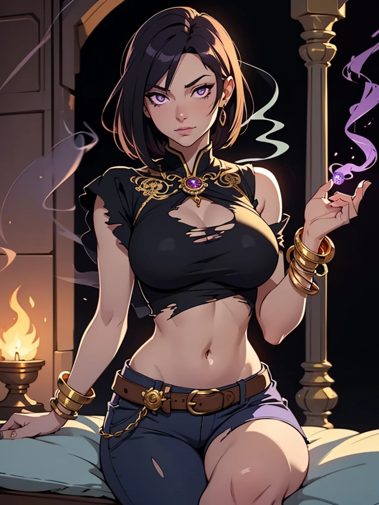 kokoro, 1girl, long hair, mature female, makeup, eyelashes, blush, lipstick, Hot girl, baddie, staring, glaring, bad attitude, mean girl, dare, angry, hate, crazy, smoking, sensual, attractive, jewelry, earrings, masterpiece, best quality, highly detailed ,glint,halterneck,gold_choker, complex detailed background, inside, stone wall, ancient interior, ancient egyptian room, hieroglyphs, dark lighting, dark atmosphere, (cowboy shot), holding a sword, sword, belly_chain,harem_outfit,navel, necklace, pelvic_curtain,revealing_clothes, veil,masterpiece,best quality,1girl,mature,evil smile, smile, female,mature,necklace,pendant, (nsfw) not safe for work, exposed belly, exposed navel, exposed midriff, exposed lower belly,