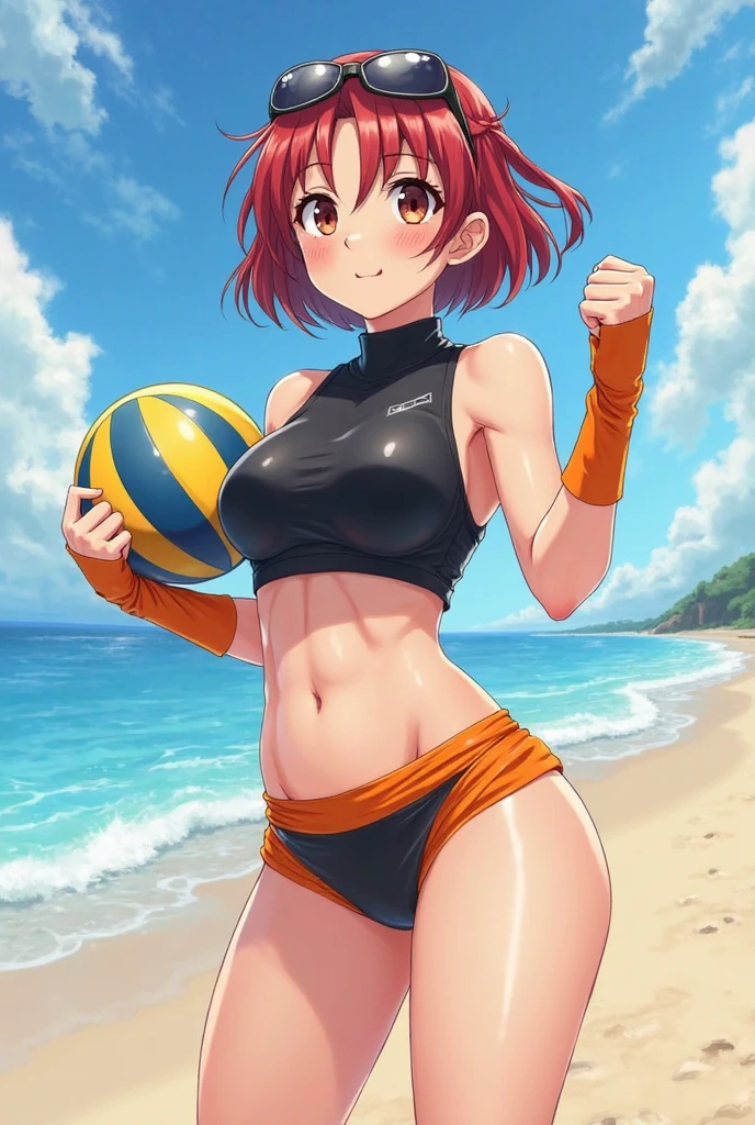 volleyball, twintails, ginger hair, short hair, black eyes, large breasts, abs, black gloves, black scrunchie, black bikini, alone