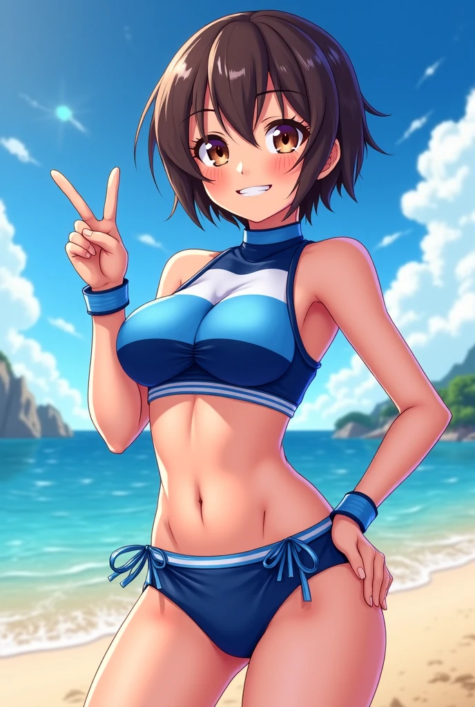 masterpiece, best quality, asuka kazama, looking at viewer, very large breasts, upper body, seductive smile,put your hands behind your head, armpits, armpits visible, sweaty armpits, naked, nipples erect, backround on beach