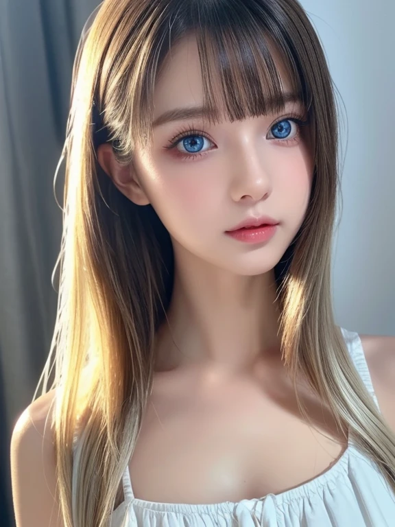 (((nude))).((((Whole body 1.4)))),((Very small breasts)),Are standing、Hands behind your head、18 year old beautiful girl、True Photo Quality、Extraordinary cute beauty、Shiny, smooth, white skin、Beautiful Bangs、Smooth, shiny, super long, natural blonde straight silky hair、A perfect, sweet, beautiful and young little woman、Such a perfect, beautiful and cute face、Beautiful, clear, large, pale light blue eyes、Tank top,Pink sneakers、Small Face Beauty