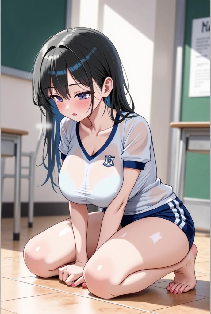 score_9, score_8_up, score_7_up, source_anime, (Momo_Ayase, Dandadan), very tight gym uniform, very tight sleeveless white shirt, undersized micro blue buruma, wedgie, Wetting Self, pee, milk stain, indoors, classroom, standing, hands on hip, smile, open mouth, looking at viewer, cowboy shot, tarechichi, huge sagging breast, long erect nipples, dirty dark large areola, Underarm sweat, black underarm hair damp with sweat, natural (black) curly armpit hair, skinny, slender legs, Yellow fog, smell, Unshaven Pubic Hair, (short stack:0.5)