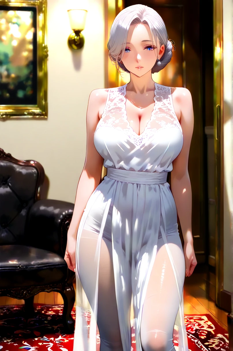 best quality, masterpiece, best animated, highres,
cowboyshot, full body,
1girl, solo, mature female, very short hair, navy blue hair, yellow eyes, tomboy, <lora:Tomboy-3000-12repeats:0.7>, <lora:tareme_eyes:1.3>,
large breasts, detailed face, detailed eyes,
white dress, lace, <lora:lace:0.7>,
bright light, bright, detailed light,