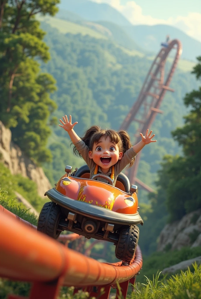 Describe the figure of a child with straight brown hair, com nariz pequeno com metade do corpo humano e metade mutante, Jumping for joy in an old bumper car in a deserted amusement park after the apocalypse. How she adapts to her mutant traits while having fun and interacting with other hybrid beings? O texto do titulo ao estilo Pixar escrito "Charlotte Camiloto Moitoso"