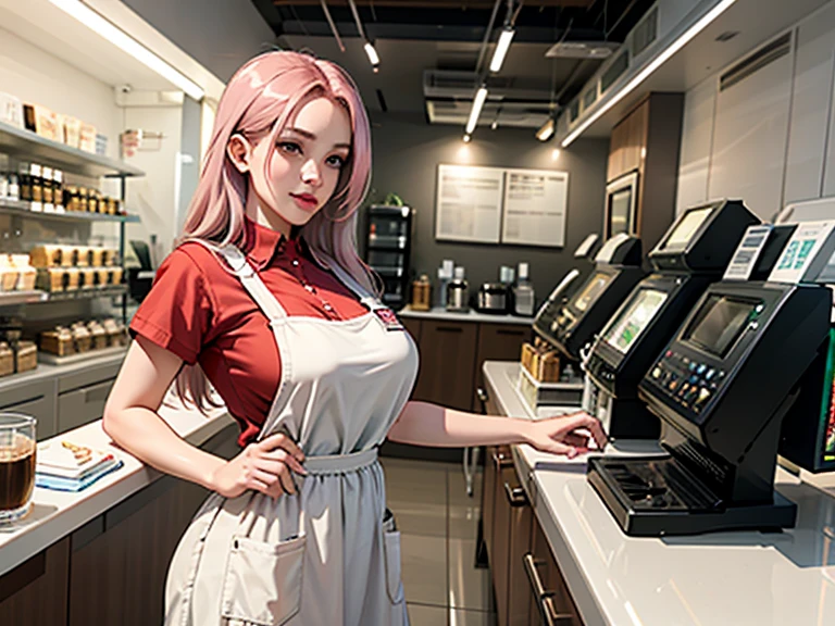convenience store、Beauty、clerk、uniform、Cashier、working the cash register、Shopping basket、register、serious personality、camel toe、huge tit、Nipple Puffs、cleavage、Plump、Super big breasts、super big butt、During checkout、Barcode reader、Coffee Server、Milk is breast milk