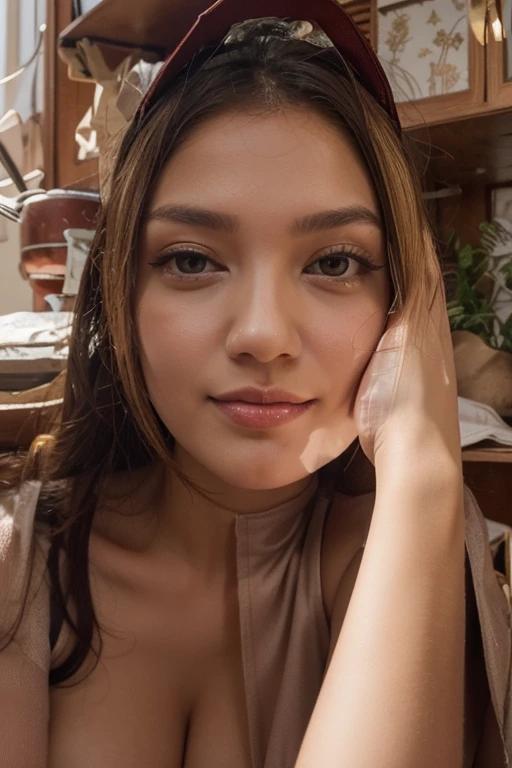 masterpiece, (ultra-high-definition portrait, vignet:1.4), Realistic, extremely detailed, CG unified, 8k, Clean lines, highly detailed, High-definition, raw color photos, she is smiling, Realistic portrait, Cinematic Light, Beautiful detailed, (1girl, indonesian:1.5), (165cm tall, big breasts with lips like she wants to kiss:1.5), Beautiful big breasts, breasts details, very tight, (Biggorgeous breast, Horny smile with Horny look:1.5), (Horny face, Big Breast:1.4), Close up of a girl in Beautiful clothes with errected nipple, biggorgeous breast, Soft smile, scarf, (Bombastic Side Eyes with curvaceous body:2), pose 4 of 1 6, Undress, No bra, (nipples that are clearly sticking out detail:1.2), Outdoors, high intricate detailed.