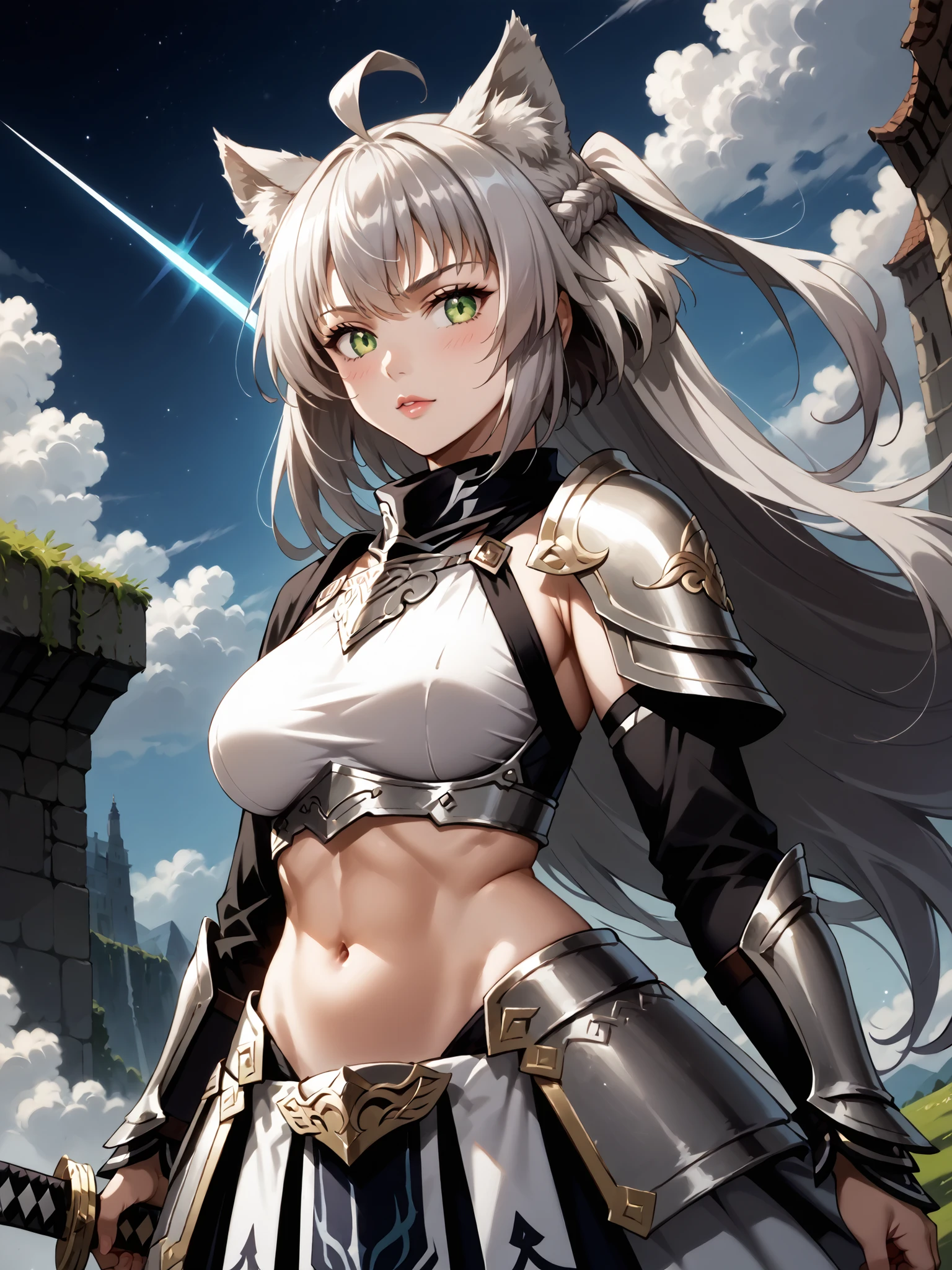 A masterpice、Best quality、Insanely detailed,Super detailed illustration、only girl、独奏、(Heavy fur armor:1.4)、(Bikini 1.1)、(Silver armor)、straggling hair、Long silver hair、(Over-the-knee boots:1.1)、(Thigh Armor:1.2)、(Hanging:1.5)、(Wolf motif:1.3)、cow-boy shot、(outstretched_missiles), (outstretched_The hand),(Dynamic Angle)、(angry:1.4)、(Evil Smile:1.2),(snow mountain:1.2)、medium shot,(Wind-effect:1.2)、5finger,Dynamic Pose,