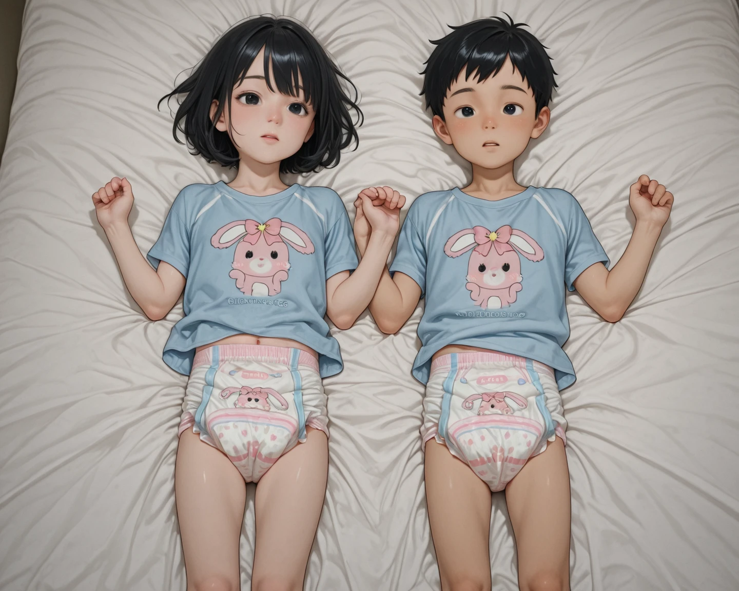Two young pretty girls Kneeling with the crotch open The two of them caress each other's breasts and vaginas Big Breasts Short twin tail hairstyle Plump areola Big erect nipples Blushing in sexual climax
