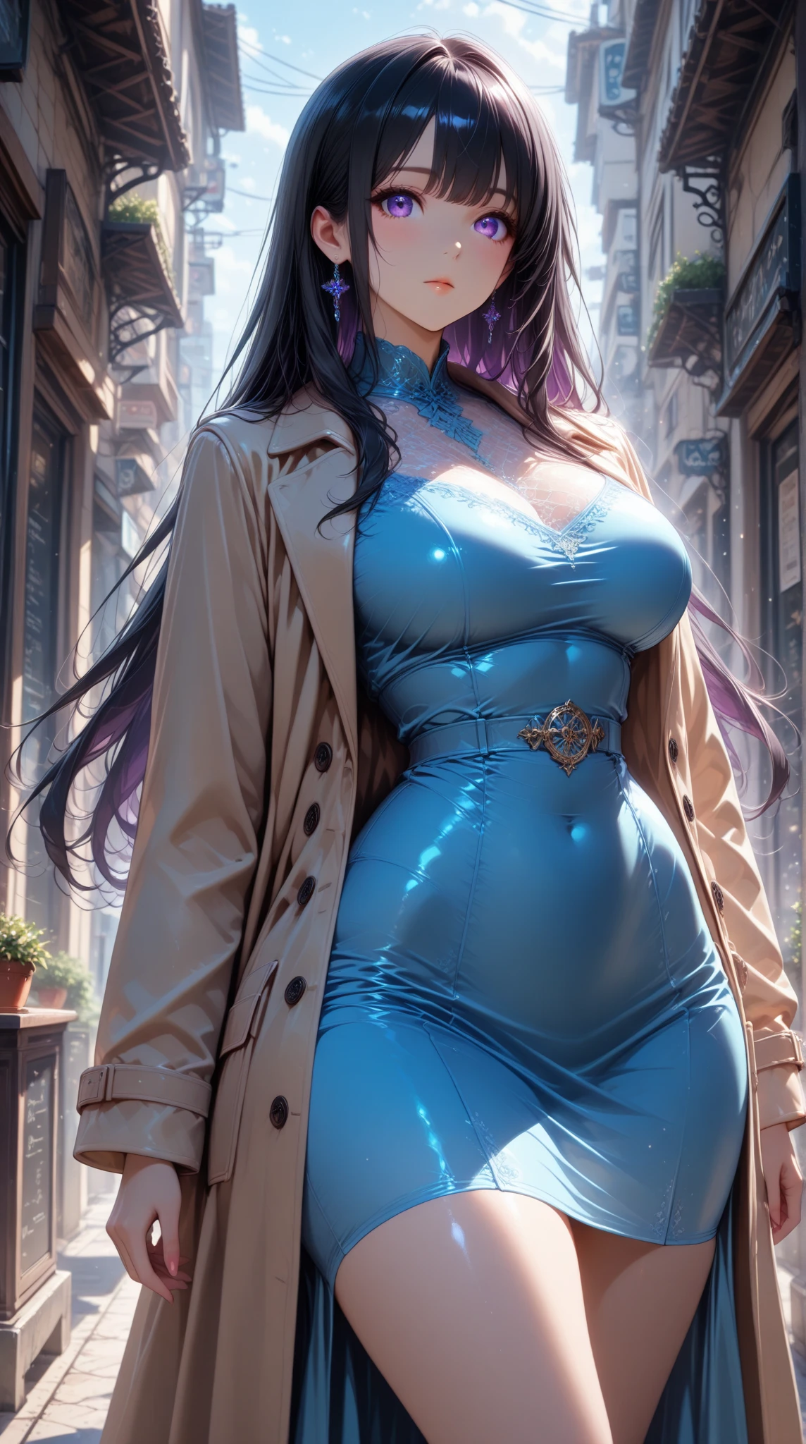 8k, high detailed picture, detailed background, very young slim fit girl, full height, rounded face, (dark blue hair:1.4), (disheveled bob cut:1.1), (big yellow eyes:1.3), shy smile, perfect medium breast, look at you, (ahoge:1.2), (megane:1.3), elegant tight evening dress, very long white dress, (long side slit:1.1), (large v-neck:1.2), no underwear, tight dress, (sexy outfit:1.2), long fit leg, 21thshirow, pale skin, accurate face, strange library, futuristic bookshelf