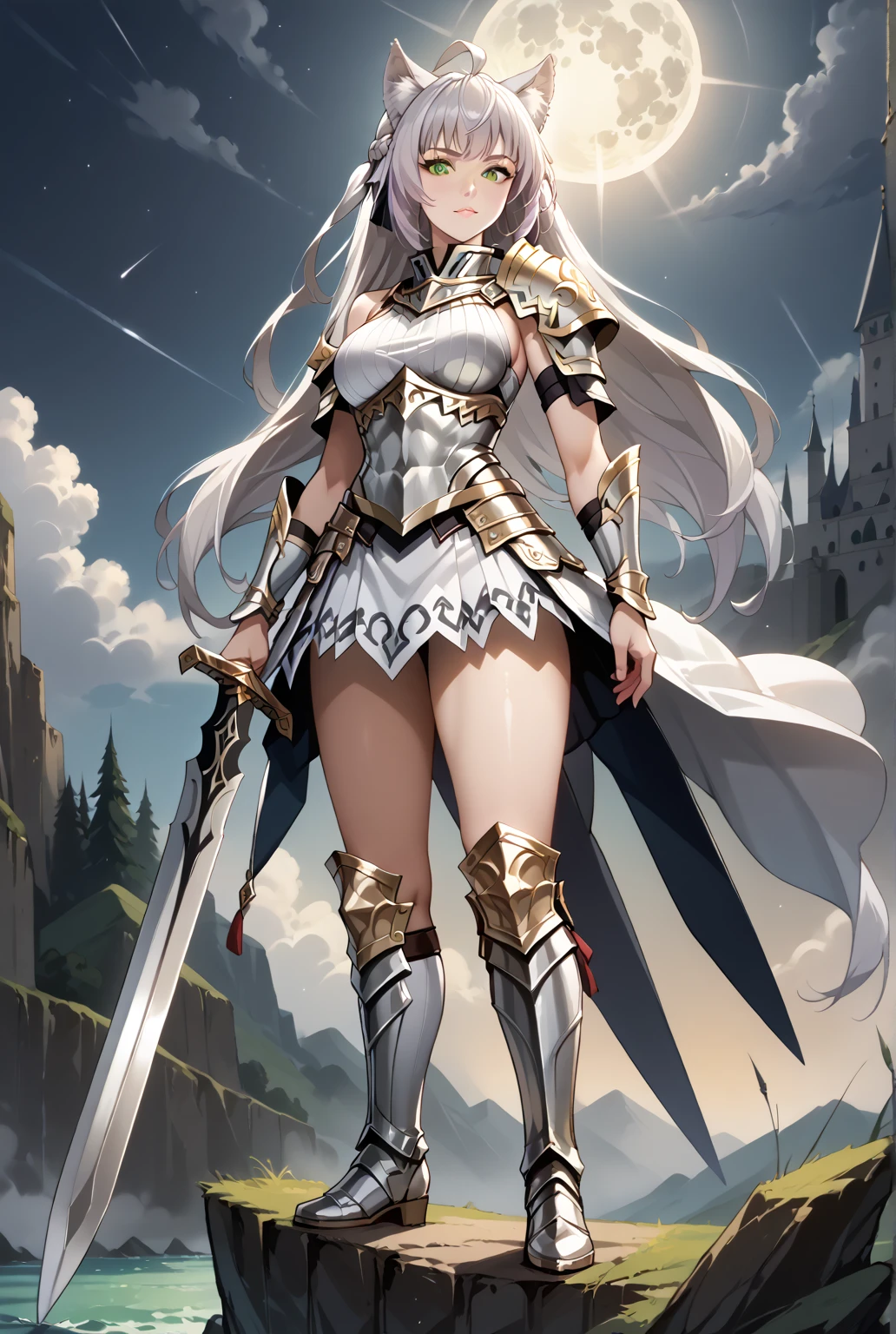 Female knight with a long sword and a large shield、17 years old、beautiful girl、Navel exposed、whole body
