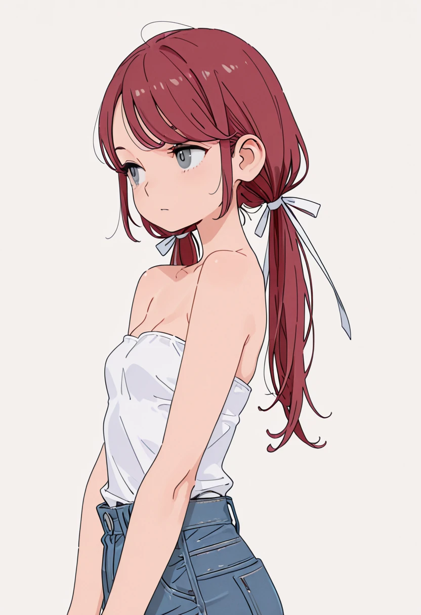(masterpiece, Best Quality:1.2), (high resolution, Abstract:1.1), Ultra Detail, thin young woman, strapless white shirt, jeans, ((gray eyes, swept bangs, dark red hair in twin braids)), small breasts, toned arms, Parted lips, sleepy,