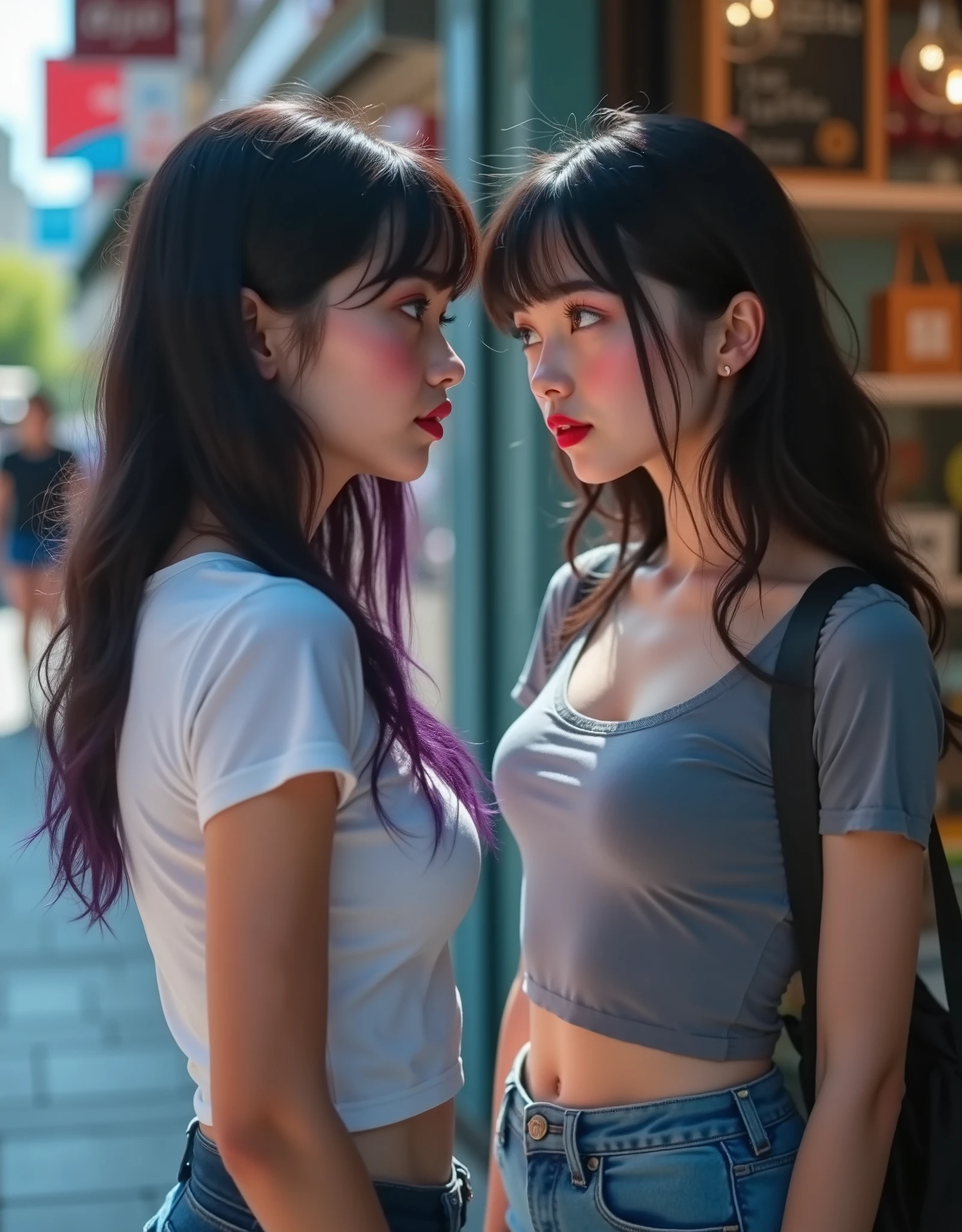 ((RAW Photo), Absurds, (Absurd Resolution)), (Masterpiece, Best Quality), ((Hyperrealism, Photorealistic)), (AI Fantasy), (masterpiece, highest quality, amazing quality), (two beautiful girls, 18 years old), (red lips), (black hair, purple highlights), ((saleswomen, street shop)), ((short dress, tight blue jeans, t-shirt, clothes that highlight her perfect body)), ((they stare at each other, beam of light between their eyes, girl versus girl, duel of glances)), main avenue, route, (Photographic Perspective) «SunPuma S»
