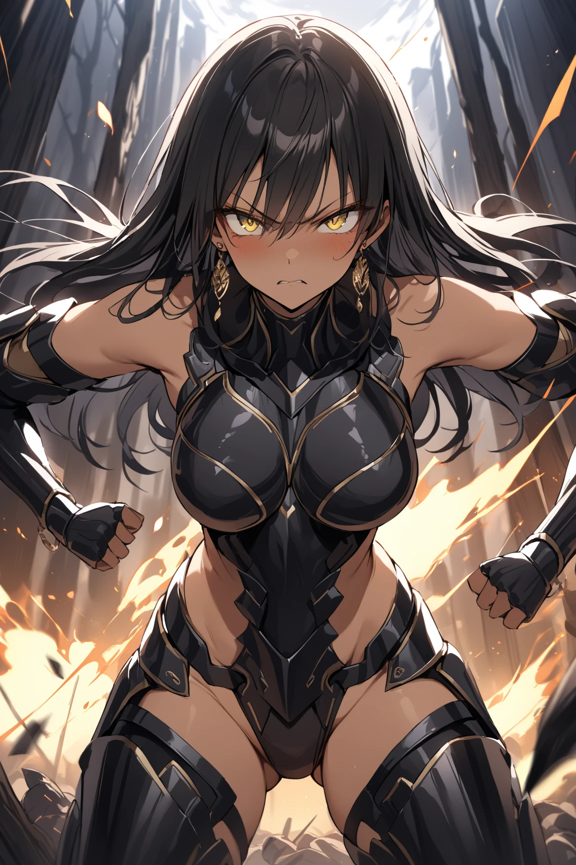 absurdres, (realistic:1.5), (masterpiece, Extremely detailed CG unity 8k wallpaper, best quality, highres:1.2), (ultra_detailed, UHD:1.2), (pixiv:1.3), perfect illumination, distinct, (1girl:1.4), (bishoujo:1.2), looking at viewer, unreal engine, sidelighting, perfect face, detailed face, perfect body, beautiful eyes, pretty face, (bright skin:1.4), (abs), (navel), (Annerose:1.1), black hair, long hair, (yellow eyes:1.1), (large breasts:1.1), bodysuit, higheels, shiny clothes, skin tight, hair intakes, covered breasts, sideboob, cleavage, (solo:1.4)