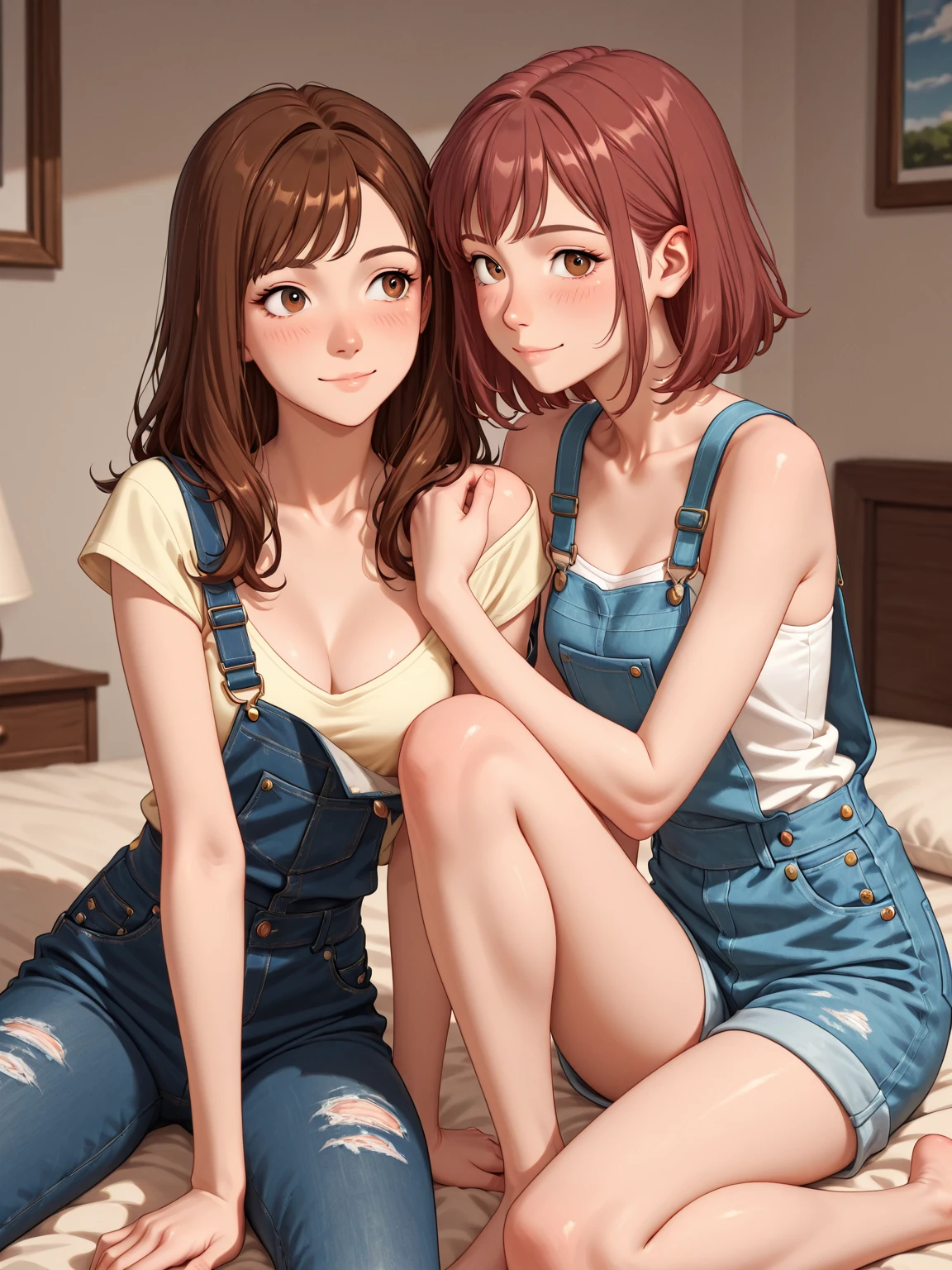 In an intimate and NSFW moment, The two eighteen year old girls found themselves pressed against each other., Their bodies close enough to feel the heat radiating between them. A girl was trapped against the wall., his arms raised above his head, surrender to the touch of the other. The other girl held her by the waist, his hand slipping under his overalls shot, Their gazes locked deeply into each other&#39;s eyes.. With seductive expressions playing on their faces., explored this forbidden moment, short overalls, barefoot, Their hearts beating with desire and they kiss., beach nearby.