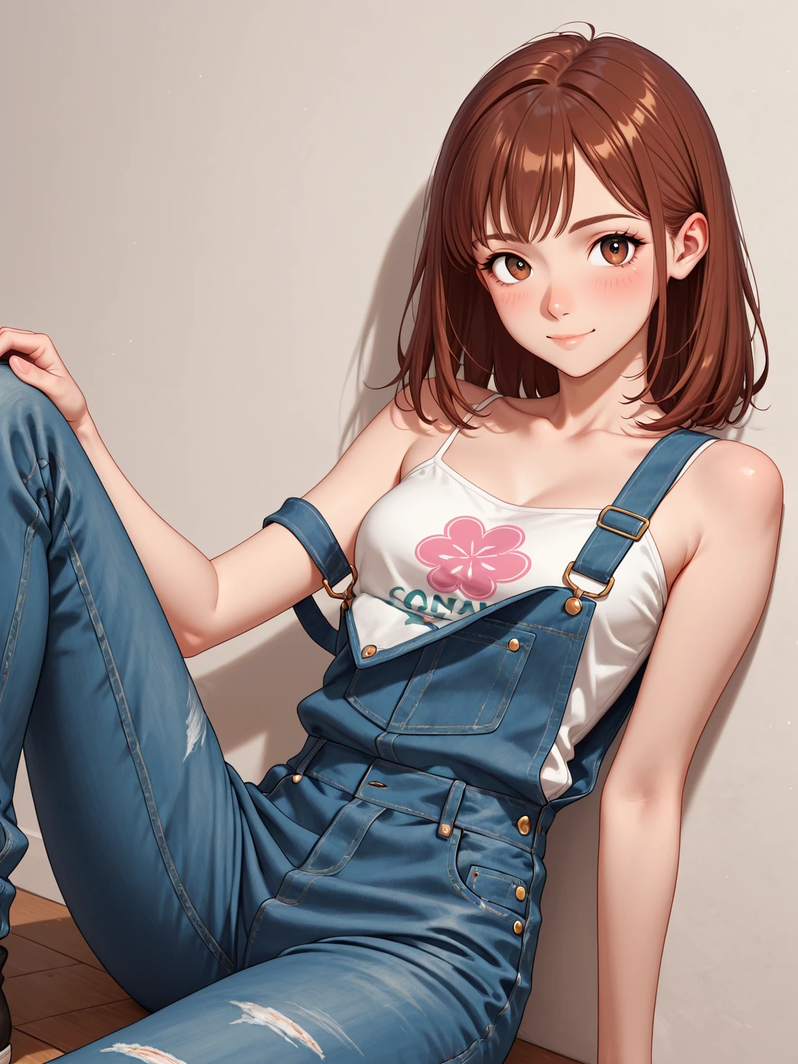 masterpiece,best quality, 1 girl,alone,Urarakaharu,work clothes,overall shorts,flower-shaped pupil,Change,pink shirt,,(ponytail:0.6),cloudy, standing split
