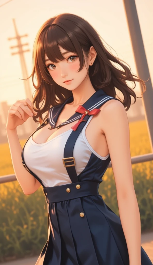 kujikawadef,twintails,,black serafuku,long sleeves,skirt,thighhighs,jewelry,earrings,standing,
best quality, highly detailed, masterpiece, absurdres,8k, photorealistic, realistic,detailed skin texture,detailed pupils,HDR,natural lighting,
1girl,solo,(happy:1.1),(smile:1.2),shorthair,brown hair,(angular face:1.2),shiny face, huge breasts, narrow waist, lip makeup,