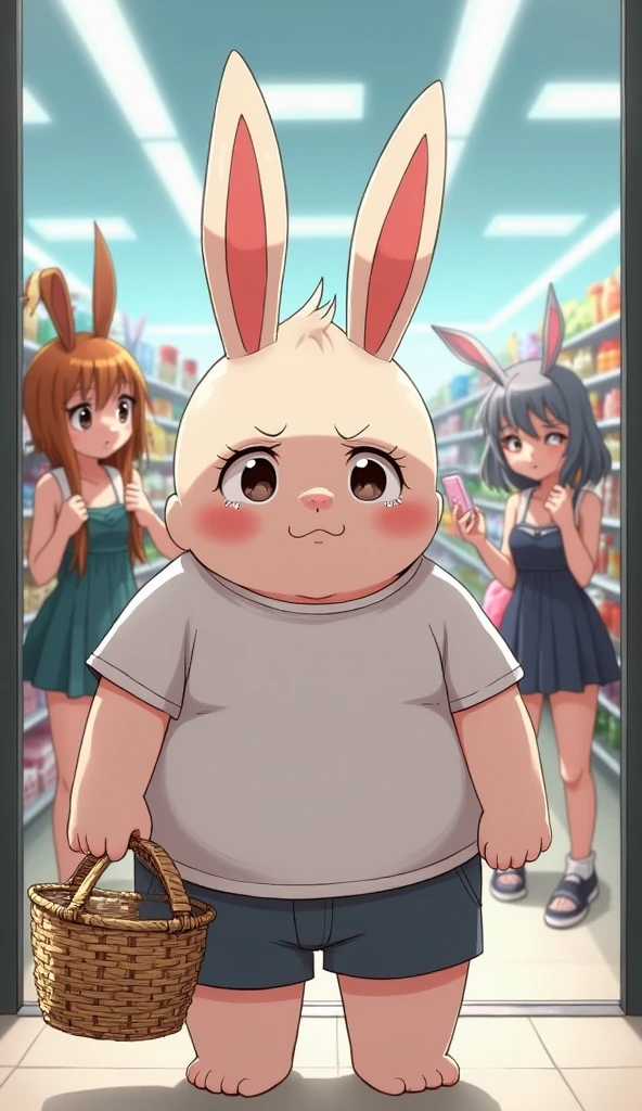 Pink rabbit with spider legs on her back and a body similar to that of a girl on her head she has two large pink rabbit ears and her nose is similar to that of a rabbit big breasts long pink hair dressed in casual clothes 