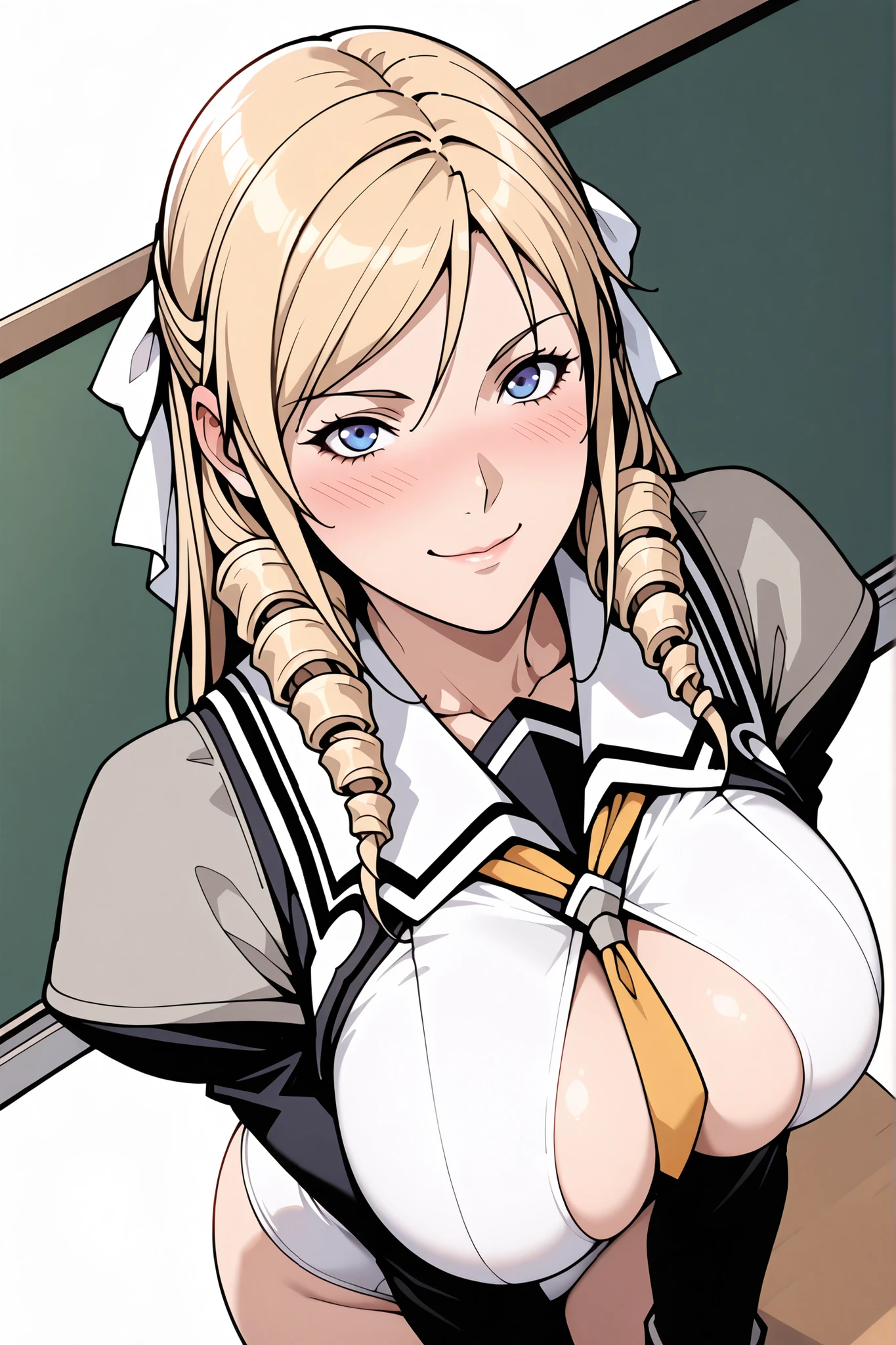score_9, score_8_up, score_7_up, score_6_up,
highly detailed eyes, perfect eyes:1.1, 1 girl, feminine, cowboy shot,
top quality, details, Newest, AI-generated, Ultra high resolution, (lool at viewer:1.3), standing, look up,
curvilinear, anatomically correct, detailsな肌, white background, no background, less eye blow, white school swimsuit, Chest Cutout, blush, flattering smile, breast press, Being spoiled by a man, naughty,
(morimoto leona, blonde hair, long hair, hair drills, hair ribbon, white ribbon, blue eyes), (Big breasts:1.3), School, classroom, white background, no background,